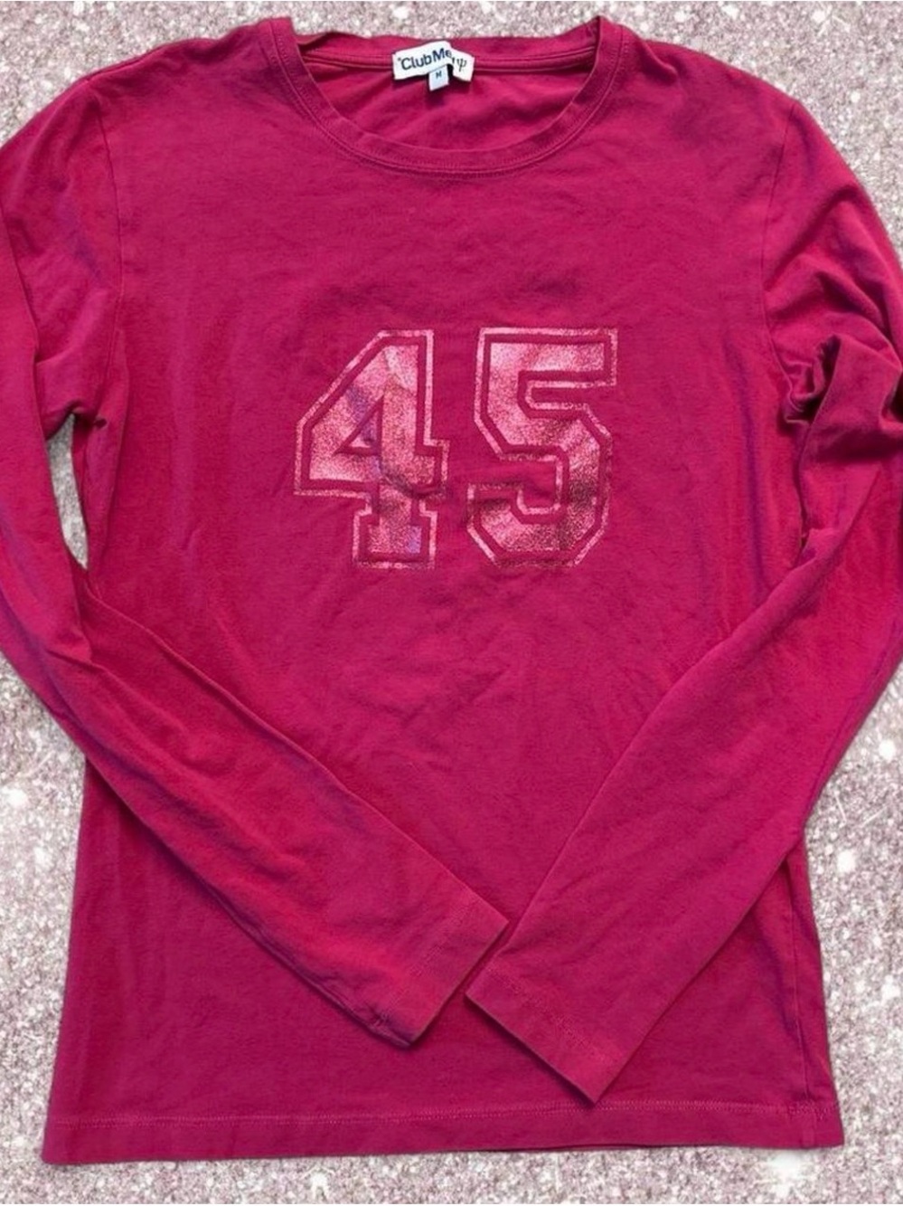 Club Med Y2K Style Pink Long Sleeve Tee with Glitter '45'
